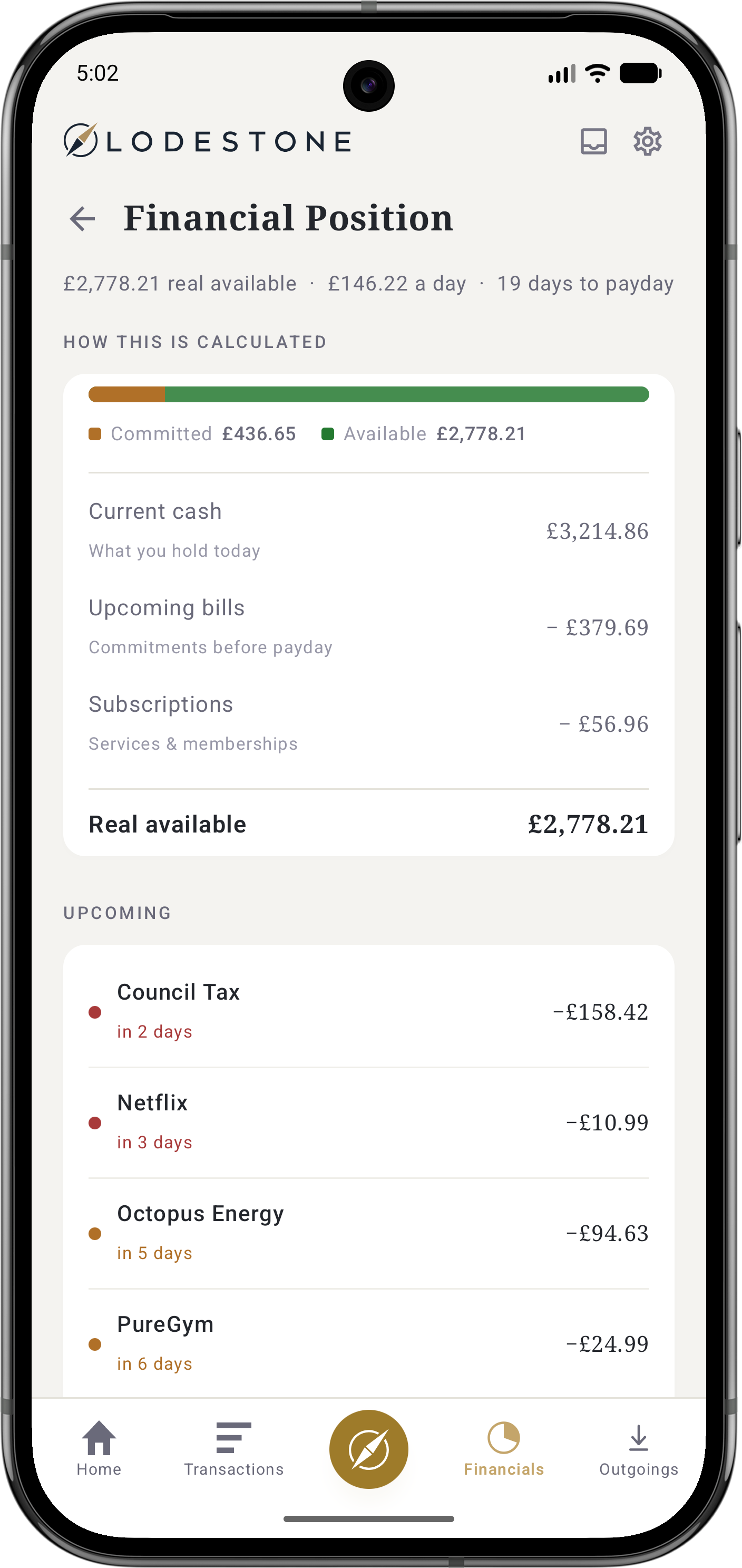 The Financial Position screen, breaking current cash down by upcoming bills and subscriptions to reach the real available figure.