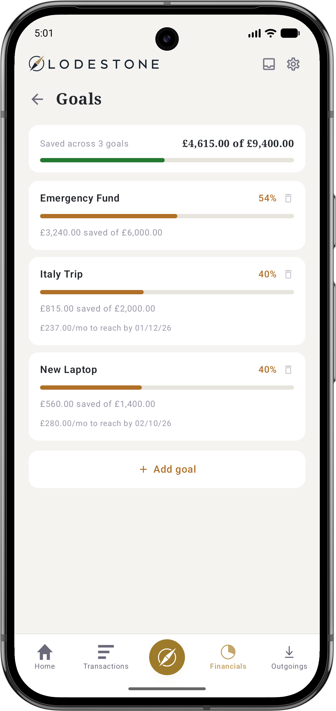The Goals screen, showing progress toward three savings goals.
