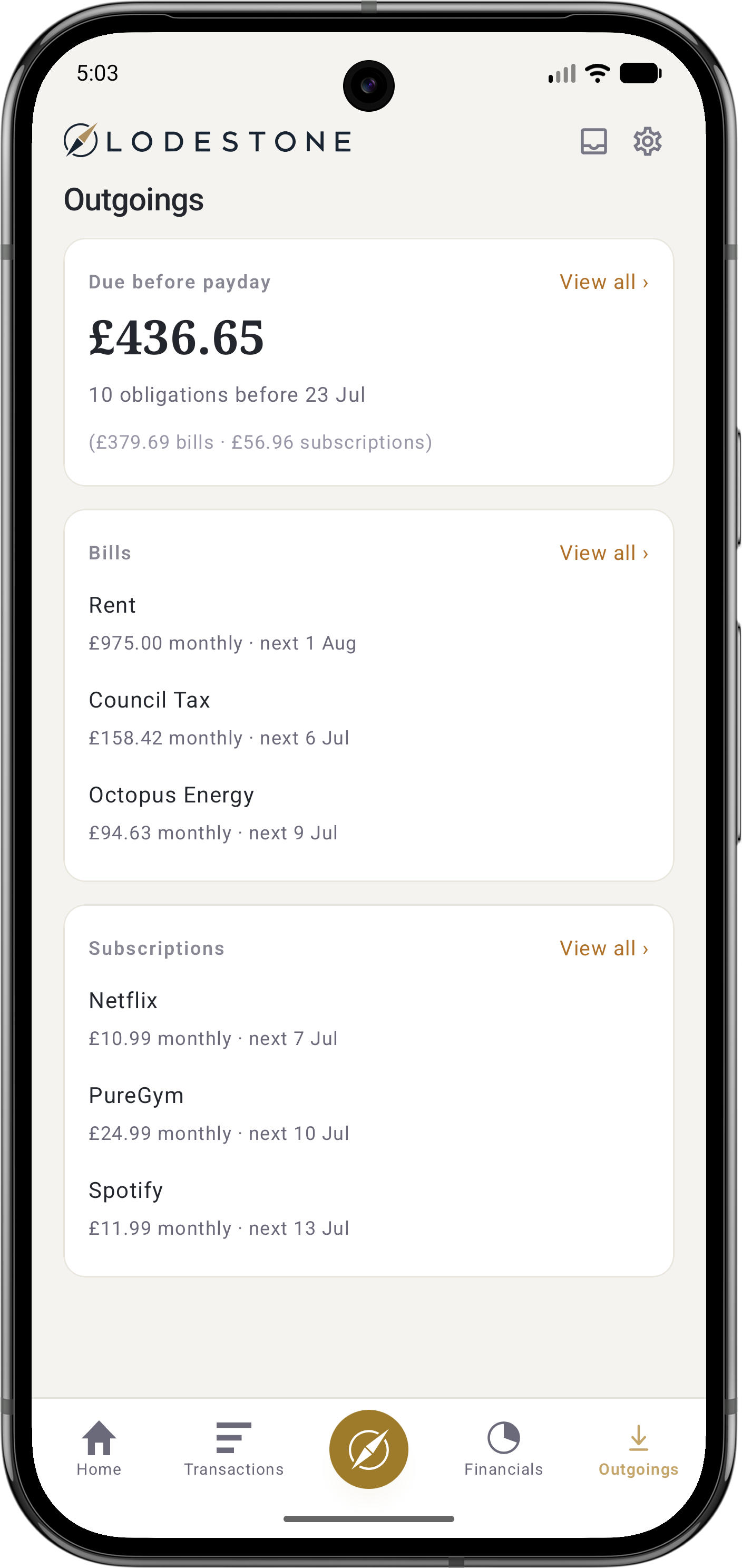 The Outgoings screen, listing bills and subscriptions with their next payment dates and amounts.